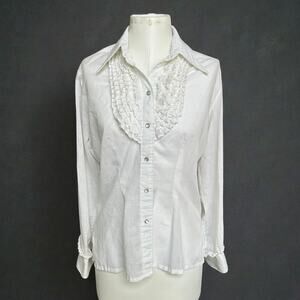 Vintage 70s Rockmount Ranch Wear White Ruffled Bib Front Western Blouse Womens L